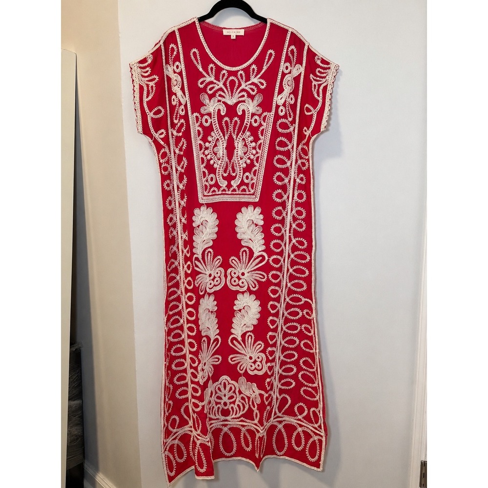 NWT Solitaire Artisan Soutache Embroidered Caftan Maxi Dress Rayon Crinkle M